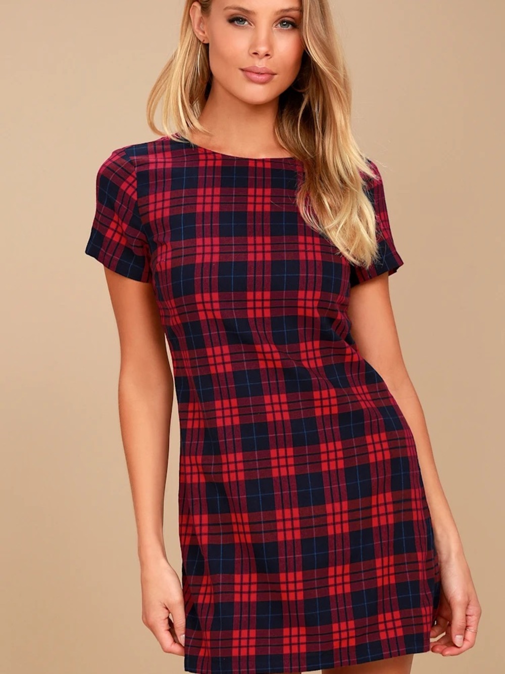 Lulus Cozy Corner Red Navy Plaid Short Sleeve Lined Sheath Mini Dress Small